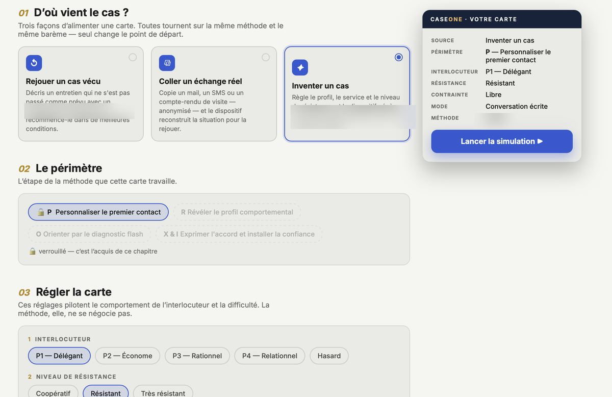 L'interface de cr&eacute;ation de carte CaseOne : source du cas, p&eacute;rim&egrave;tre, profil de l'interlocuteur, niveau de r&eacute;sistance