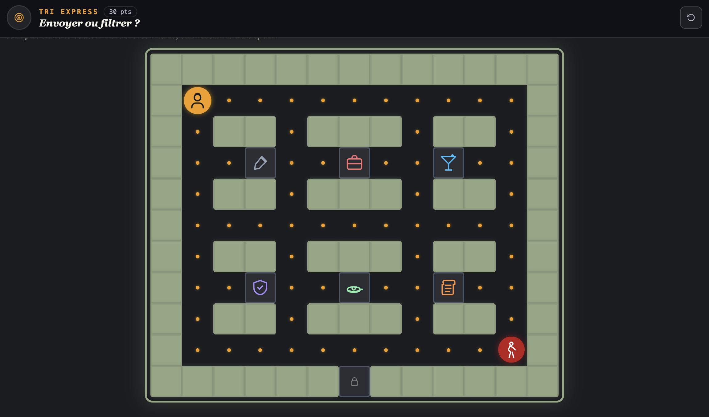 Mini-jeu tri express : un labyrinthe fa&ccedil;on pac-man o&ugrave; l'on collecte les bons &eacute;l&eacute;ments